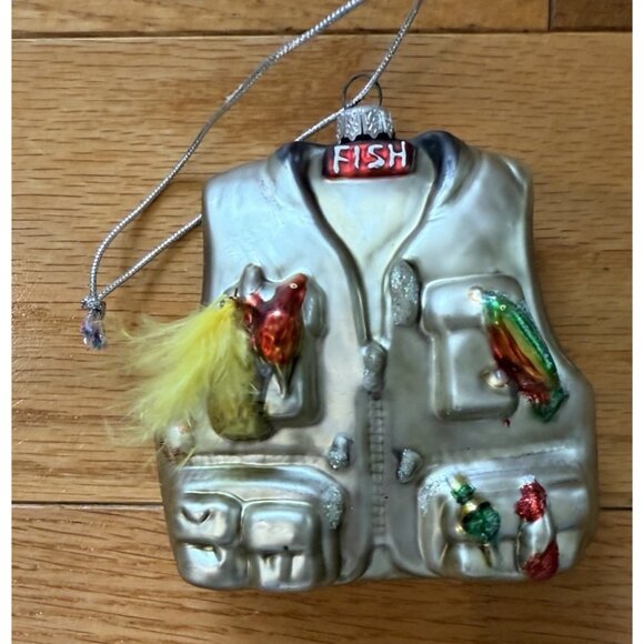Ornament Fishing Vest Holiday Decor Glass Hand Painted - Picture 2 of 6